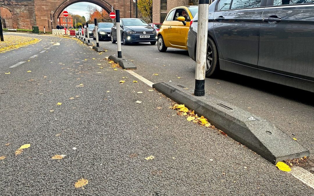 Pepper Street, Chester Narrow Cycle Lane Defenders Installation.