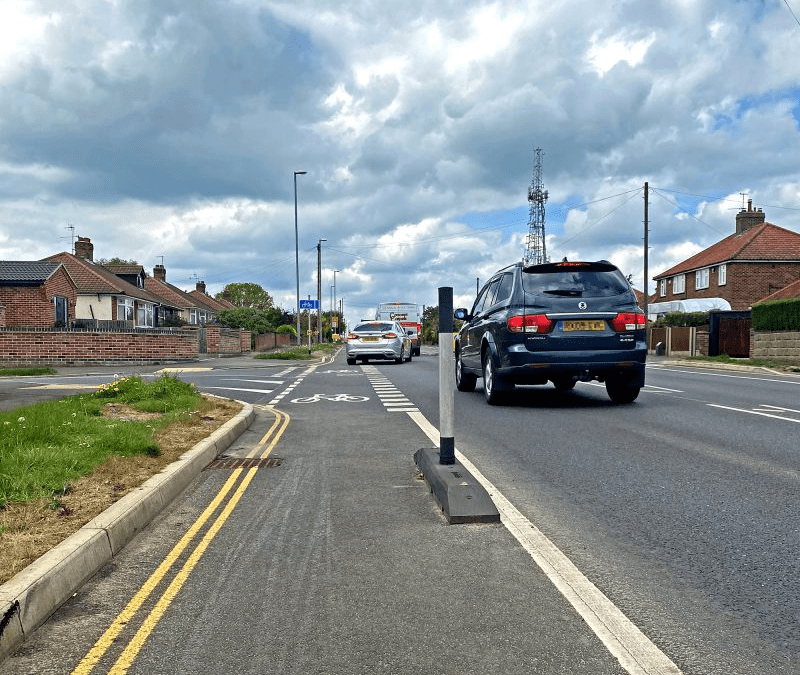 Narrow Cycle Lane Defenders Installed On St. Williams Way In Norwich.